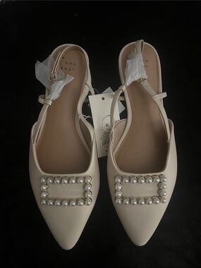 a new day Ivory Pearl-Trim Pointed Toe Slingback Flats